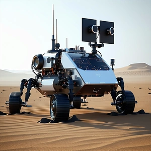 A Futuristic Robot Is Standing On A Sandy Surface, Possibly A Desert