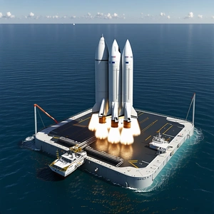 A Large White Rocket Ship On A Runway, With A Blue Ocean In The Background