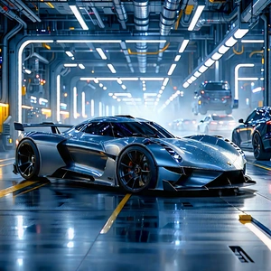 Automotive Technology In Manufacturing Facility With Futuristic City