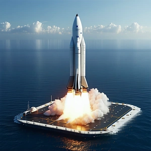A Rocket Ship On A Platform In The Ocean