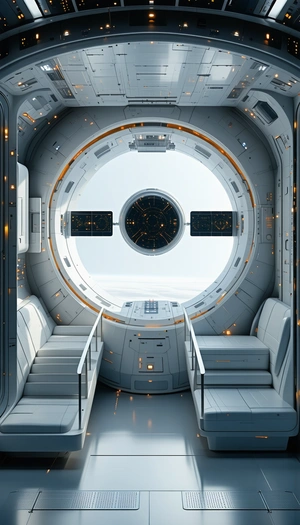 A Large White Spacecraft Is Shown From The Inside, With A View Of The Outside Through A Large Window