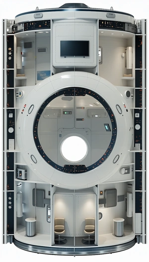 In The Image, There Is A Large White Room With A Large Circular Object In The Center