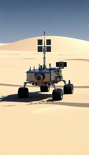 A Large Robotic Vehicle Is Sitting In A Desert Landscape