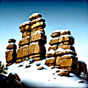 Nature Woodcut Print: Rock Formation In Winter Snow With Snowy Landscape