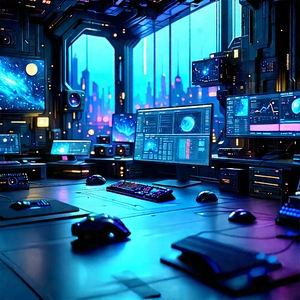 Futuristic (digital:1.22) Workspace With Futuristic Computer