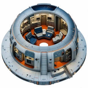 The Image Is A 3d Model Of A Space Station, Showcasing A Futuristic Design