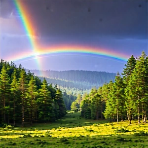 Nature 3d Render: Rainbow Over Forest Clearing With Beautiful Rainbow