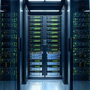 Tech Editorial Photography: Server Rack With Data Streams With Large Server