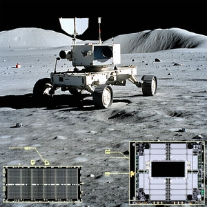 A White Robotic Vehicle, Possibly A Rover, Driving Across A Rocky Terrain