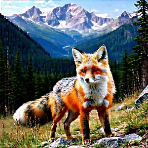 Nature Concept Art: Fox In Mountain Terrain With Standing Rocky