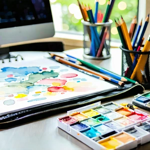 Business Gouache Painting: Workplace with (modern:1.24) office supplies on desk