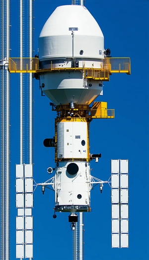 A Large White Satellite Dish Mounted On A Tower