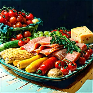Lifestyle Lithograph: Farm-to-table meal prepared with vibrant colors