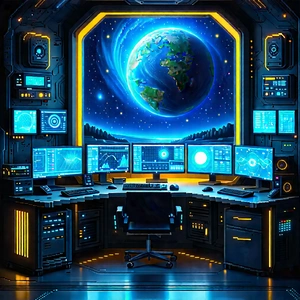 Futuristic Digital Workspace With Image, There