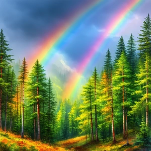 Nature Watercolor Painting: Rainbow Over (forest:1.2) Clearing With Beautiful Rainbow