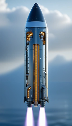 A Futuristic Spacecraft Is Shown In A Blue Sky, With Its Lights On