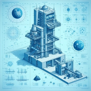 A Blue And White Drawing Of A Large Tower Is Displayed