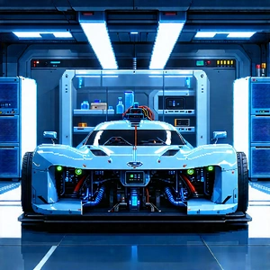 Automotive Technology In Modern Laboratory With Blue Racing