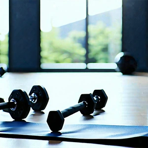 Lifestyle Digital Illustration: Wellness Scene With Fitness Equipment With Wooden Table