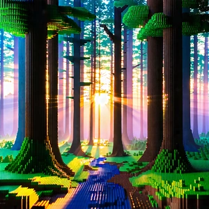 Nature Voxel Art: (forest:1.36) scene during sunrise
