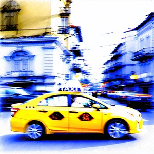 Urban Etching: City Taxi In Historic Quarter With Yellow Taxi