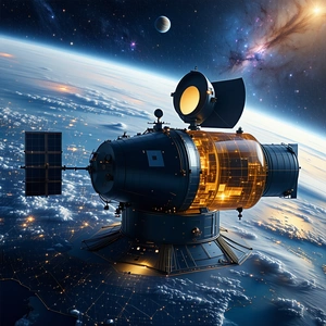 A Spacecraft, Possibly A Satellite Or A Space Shuttle, Floating In The Sky