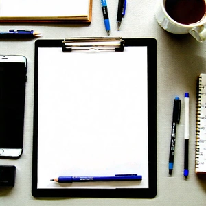 Business Charcoal Drawing: Workplace with modern office supplies on desk