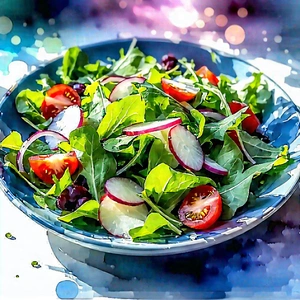 Lifestyle Watercolor Painting: Fresh Salad Prepared With Artistic Presentation With Large Bowl