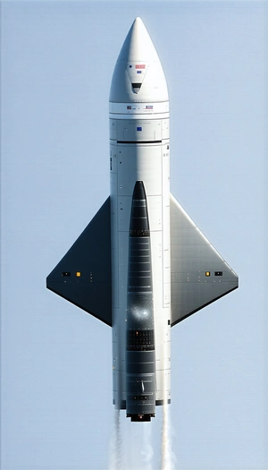 A Large White Rocket Ship Is Shown In A Blue Sky