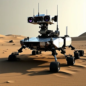 A Robotic Vehicle, Possibly A Tank Or A Rover, Sitting In A Sandy Desert Environment