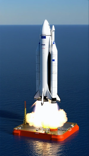 A Large White Space Shuttle, Possibly A European Space Agency Spacecraft, Flying Over The Ocean