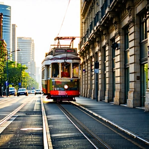 Urban Commercial Photography: (city:1.25) Tram In Quiet Side Street With White Trolley