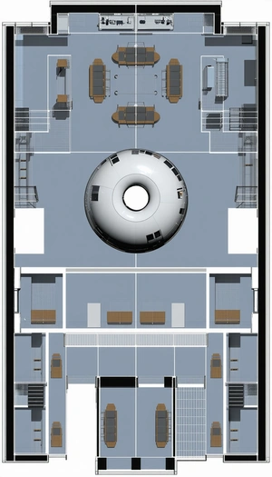 The Image Is A 3d Model Of A Room With A Large White Circle In The Center