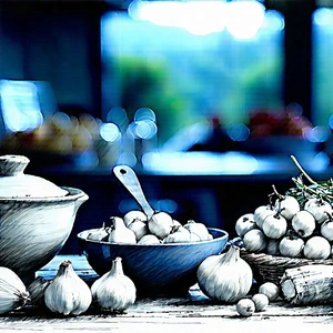 Lifestyle Pencil Sketch: Farm-to-table Meal Prepared With Fresh Ingredients With Wooden Dining