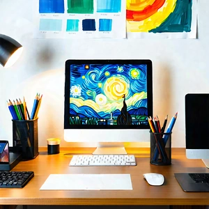 Business Gouache Painting: Workplace With (digital:1.3) (devices:1.23) On Desk With Wooden Desk