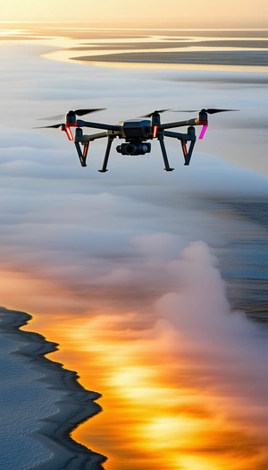 A Drone Is Flying Over A Beach, With The Sun Setting In The Background