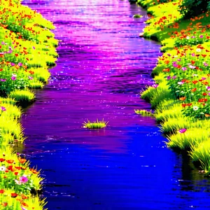 Nature Drone Photography: Rushing (river:1.42) Surrounded By Wildflowers With Colorful Painting