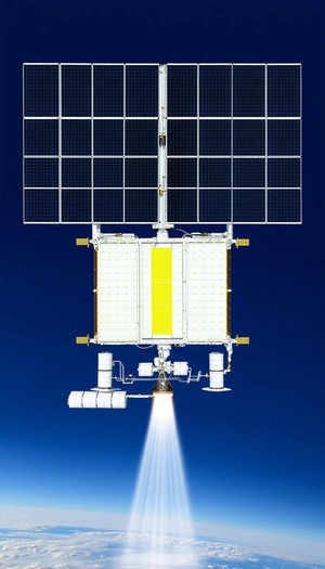A Spacecraft Is Shown In A Blue Sky, With A Bright Light Shining From It