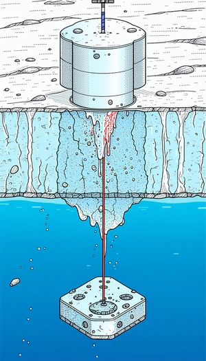 The Image Is A Cartoon Drawing Of A Hole In The Ice, With A Red Substance Pouring Out Of It