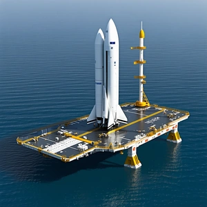 A Large White Space Shuttle Docked On A Floating Platform In The Ocean