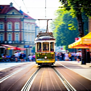 Urban Lithograph: City tram in historic quarter