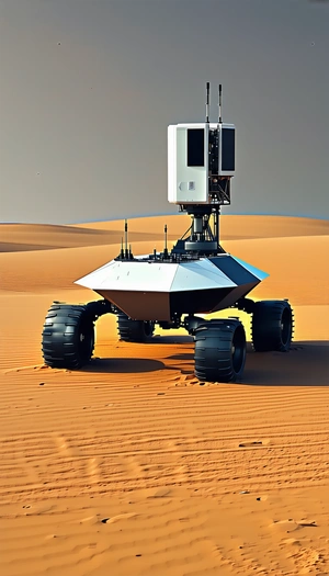 A Large Robotic Vehicle, Possibly A Rover, Sitting In A Desert-like Environment
