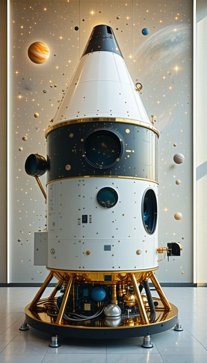 A Large White Spacecraft With A Gold Dome, Sitting On A Platform