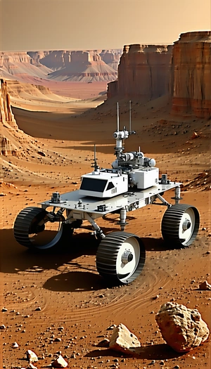 A White Robotic Vehicle With Four Large Wheels, Driving Across A Desert-like Terrain