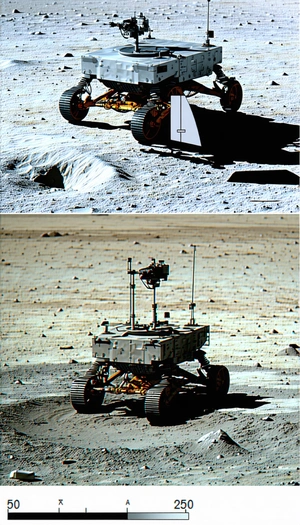 A Robotic Vehicle On A Dirt Surface, Possibly A Moon Or A Desert