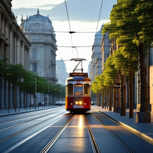 Urban Hdr Photography: City Tram In Main Avenue With Trolley Traveling