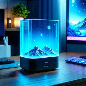 Smart Home Device With Glowing Screen With Small, Blue,