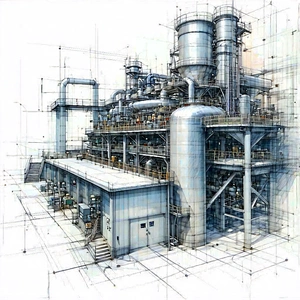Tech Pencil Sketch: Entertainment Technology In Manufacturing Facility With Large Industrial