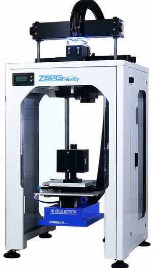 A White 3d Printer Is Sitting On A Table, With A Blue And White Label On The Front