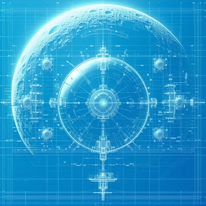A Blue And White Drawing Of A Space Station Is Displayed